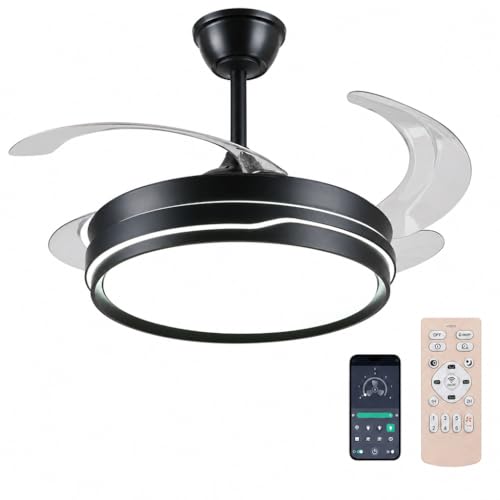 Ventilador de Techo Negro con Luz LED y Motor DC Silencioso – Ø108 cm, 4 Aspas Retráctiles, 6 Velocidades, Luz Regulable Cálida y Fría, Mando + APP, Función Invierno/Verano (108 CM, Negro A)