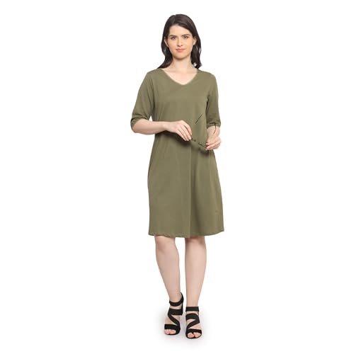 Image of Frenchtrendz Women's Cotton and Back Lace Designer V-Neck A-Line Knee Length Dress