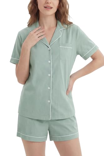 Image of LUBOT 100% Cotton Pajamas for Women 2 Piece PJ Set Button-Down Soft Knit Short Sleeve Summer Sleepwear Loungewear XS-XXL
