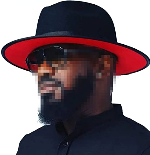 Faringoto Fedora Hut Damen Wollfilz Vintage Kirche Damen Hut Unisex breite Krempe, schwarz / rot, 58