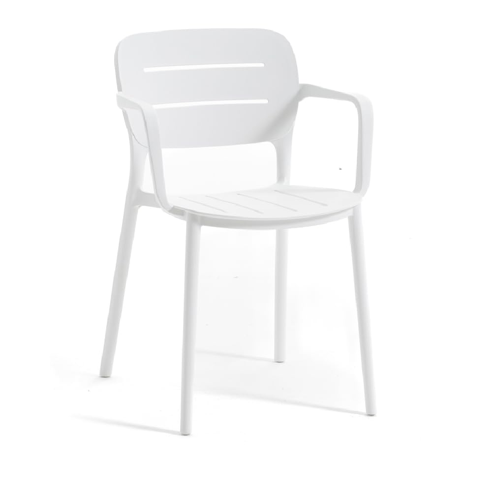 SIEDITI FUORI E DENTRO Sedie da esterno, giardino in resina con fibra di vetro impilabili, con braccioli, moderne Dora (4 sedie con braccioli, Bianco)