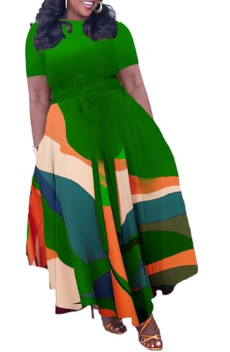 Image of Hostoyo Women Plus Size Formal A Line Maxi Dress Self Tie Waist with Pockets Elegant Round Neck Swing Long Dresses