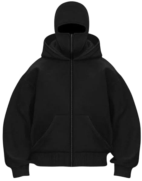 Oversized Balaclava Hoodie – Unisex Black Full Zip Sweatshirt with Built-in Face Cover, Warm Winter Jacket for Men & Women, Casual Travel College Streetwear