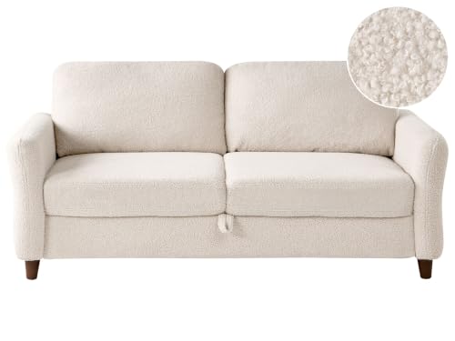 Image of Beliani Modern Upholstered 3 Seater Sofa Boucle Fabric with Storage Armrests Beige Mare