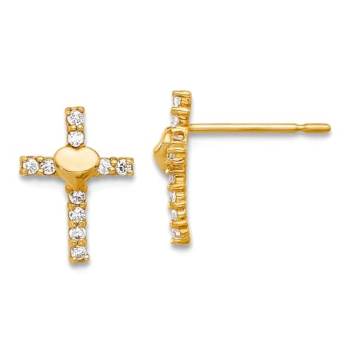 Boucles d'oreilles cœur or jaune 10 carats femme diamant zircone religieux à tige