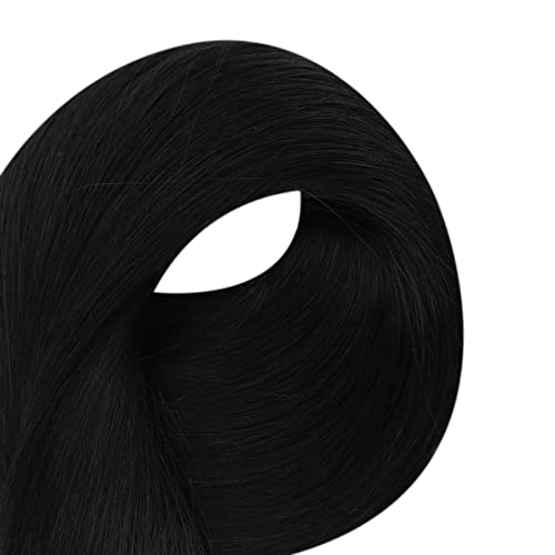 Image of Full Shine Black Hair Extensions Skin Weft Color Jet Black 16 Inch Seamless Soft Natural Tape in Remy Invisible Human Hair Extension for Women 20Pcs 50Grams Brazilian Silky Add Volume