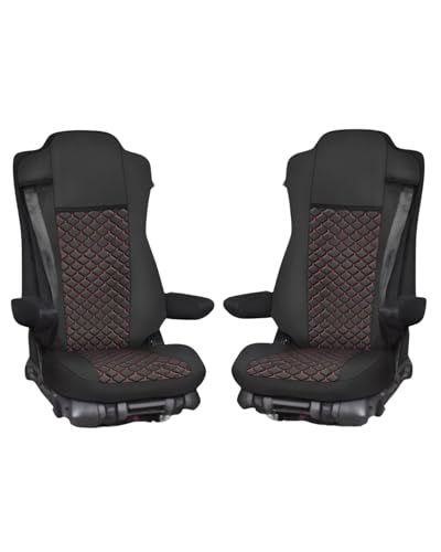 Generisch LKW Sitzbezüge für Mercedes Actros MP4 MP5 mit klappbarem Beifahrersitz (Schwarz mit roten Nähten)