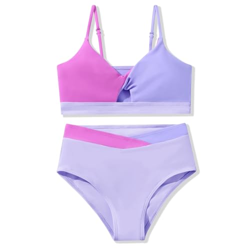Image of Girls Swimsuit Color Block Twist Bathing Bikini Suit Adjustable Straps Girls 2 Piece Swimsuit 7-14 Years