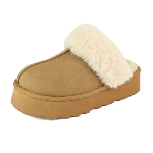 Fuzzy Platform Slippers for Women, Cozy House Slippers Thick Sole Non-Slip, Faux Fur Vegan Suede Cushioned Foam Slide for Fireside Indoor/Outdoor (Brown/Sand/Black, US Women Size 6-9)