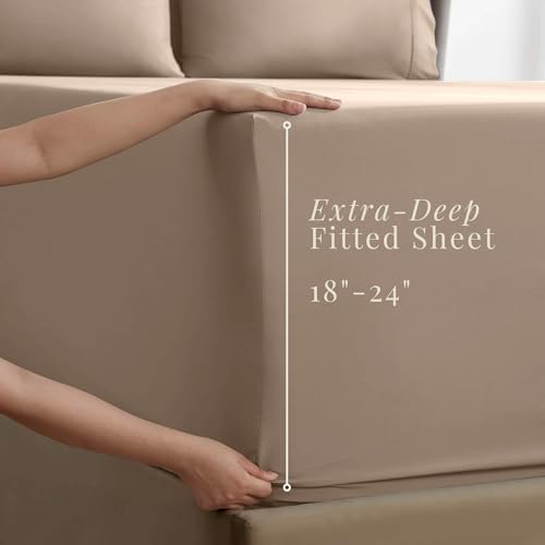Image of Hearth & Harbor Extra Deep Pocket King Size Sets - Fits Mattress 18-24 Inches Deep - Extra Deep Pocket Sheets - 6 Piece King Size - Taupe