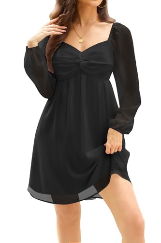 Image of Women Black Graduation Dresses Long Puff Sleeve Sweetheart Neckline Chiffon Aline Short Dress