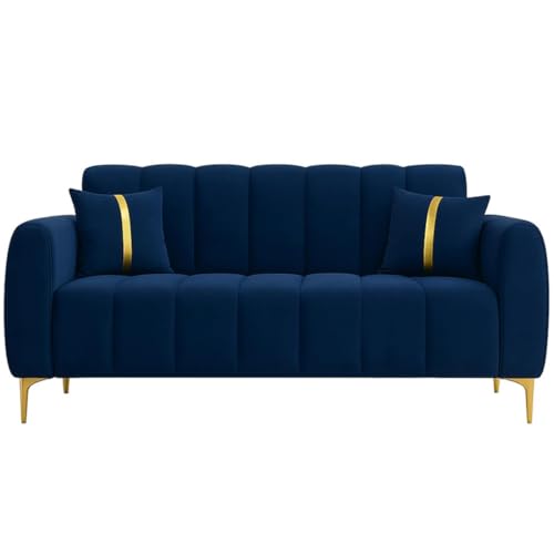 Image of FURNY Harmony 2 Seater Velvet Fabric Sofa Set (Blue) with Premium Golden Finish Legs | Velvet Finish | Ideal for Living Room