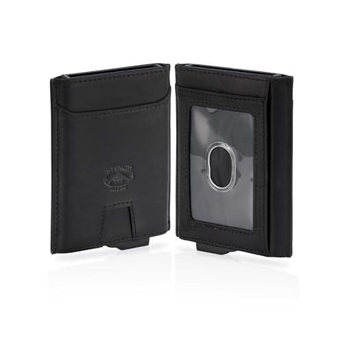 Stealth Mode Pop-Up Leather Wallet - RFID Blocking Front Slim Wallet for Men - Minimalist Napa Leather Men's Wallet With 8 Card Holders, ID Card Holder With Clear Window & Bills Pocket - (Black)