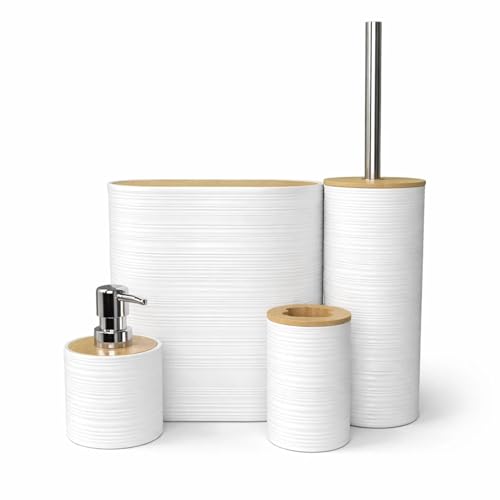 4-Piece Bathroom Accessory Set with Rubbish Bin Soap Dispenser Toilet Brush and Toothbrush Holder (WHITE set)