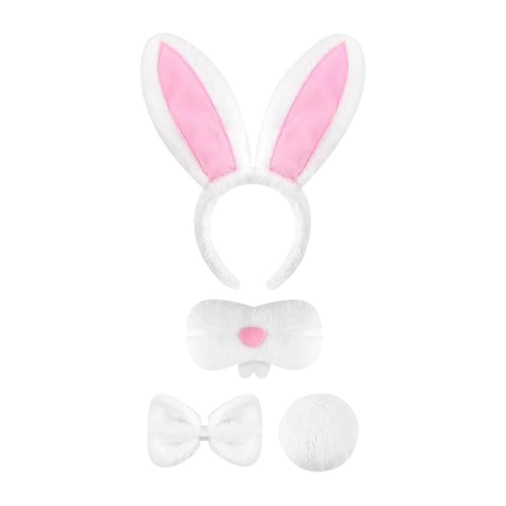 Hugede White And Pink Easter Bunny Costume Set White Plush Bunny Ears Headband Bowtie Nose Tail Rabbit Ear Hairband Furry Animal Hair Hoop Halloween Cosplay Dress Up Accessories