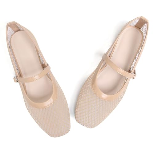 Image of TN TANGNEST Leather Flats for Women Retro Mary Jane Flats | Comfortable Square Toe Slip On Flats with Buckle Strap, Soft Work Flats Office Shoes
