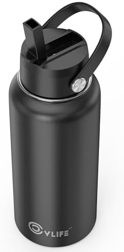 CVLIFE 32 Oz Insulated Water Bottle with Straw, Leak Proof Stainless Steel Water Bottle for Cold and Hot Drinks, Metal Travel Bottles for Gym and Sports (Black)​