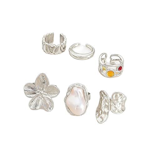 XFSRG Set de 6 Anillos Gruesos para Mujer Anillos Abiertos Vintage Apilables con Diseño de Flores y Perlas Joyería de Verano Antioxidante (Plata)