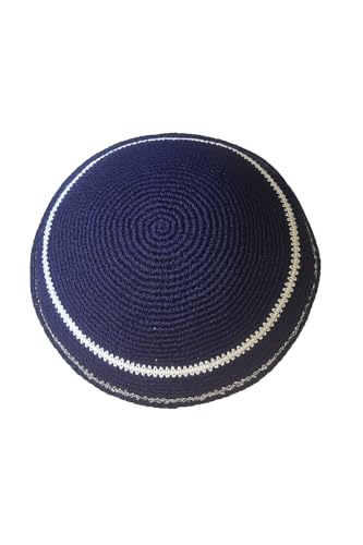 KippaCo Hand Knitted Yarmulke – 100% Cotton Kippah Hat 14 cm / 5.5' | Style 105sm – Navy Blue...