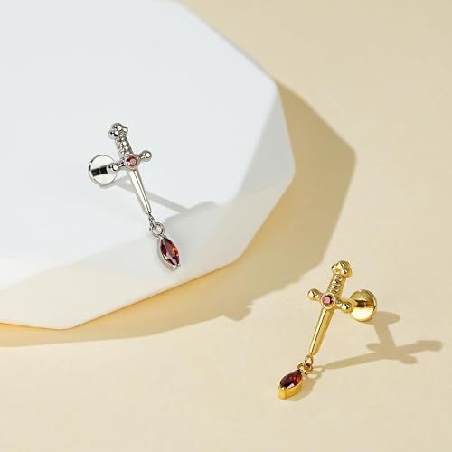 FINE4U 1PC ASTM F136 Titanium Sword Piercing Jewelry for Conch, Tragus, Helix 16G 8mm, Implant Grade Hypoallergenic Flatback Stud