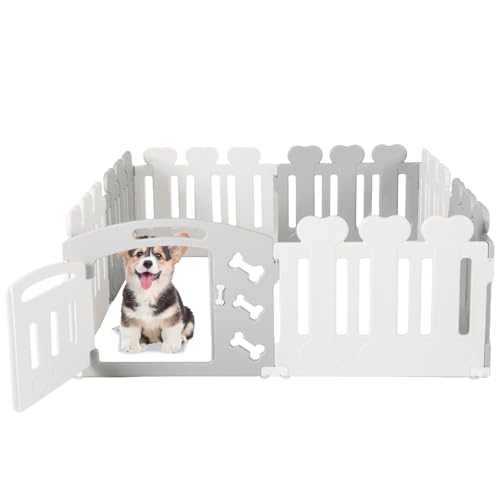 SOARS Recinto per Cani A60 cm, 7 PCS + 1 Pannello con Porta, Recinzione per Cuccioli e Animali Domestici in HDPE, Cancello Box per Cani da Interno ed Esterno, 155 x 155 cm (Grigio + Bianco)
