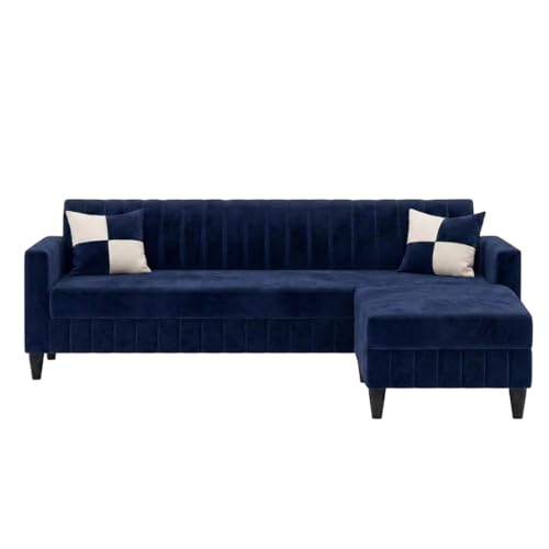 Image of FURNY Gracina 5 Seater L Shape Sofa Set with Movable Ottoman | Flexible Left or Right Layout | Plush Velvet Fabric (Dark Blue) | Perfect for Living Room, Guest Room & Office