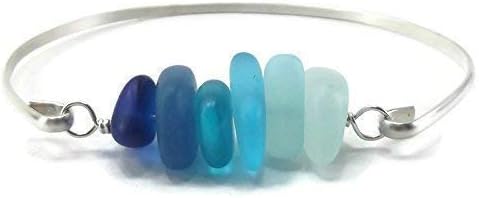 Sterling Silver Ombre Blue Sea Glass Bangle Bracelet