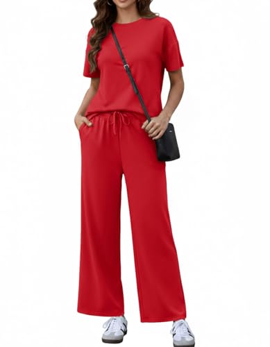 PINSPARK 2 Piece Sets for Women Soft Short Sleeve Matching Lounge...