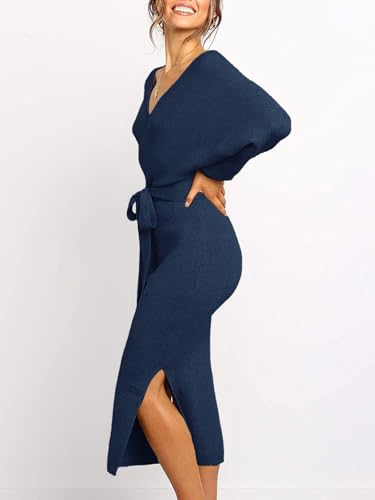 Image of Chang Yun Women's Long Maxi Sweater Dresses Sexy Wrap Batwing V Neck Slit Open Back Holiday Bodycon Dress with Belt