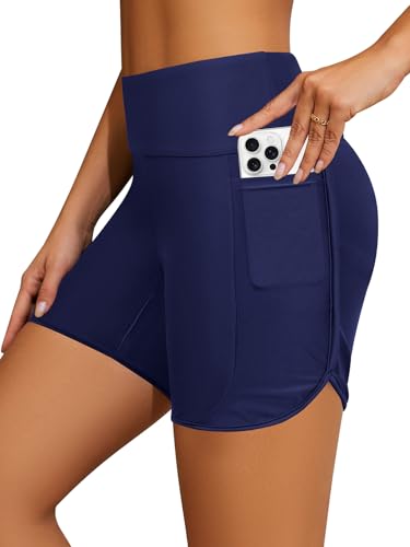 Short de bain femme taille haute avec poches latérales et doublure confort