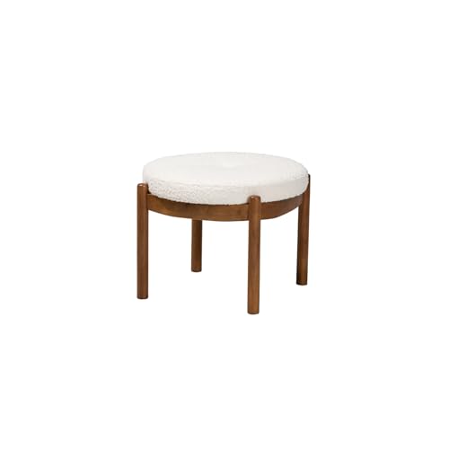 HomeStock Boucle Ottoman Footstool - Cream Fabric & Walnut Wood