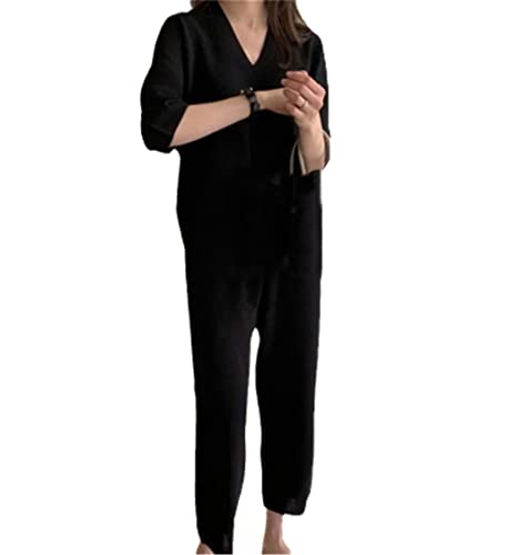 Ensemble tricot femme pull ample col rond et pantalon jambes larges décontracté noir
