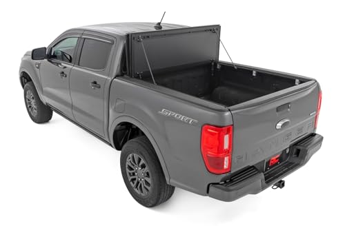 Image of Rough Country Hard Flip Up Truck Bed Cover for Ford Ranger (2019-2023) - Fits 5' (61 inch) Bed, Weather-Resistant, Tri-Fold Aluminum Panels
