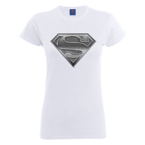 DC Comics Official Superman Steel Plate Logo Womens T-Shirt Camiseta, Blanco, XXL...