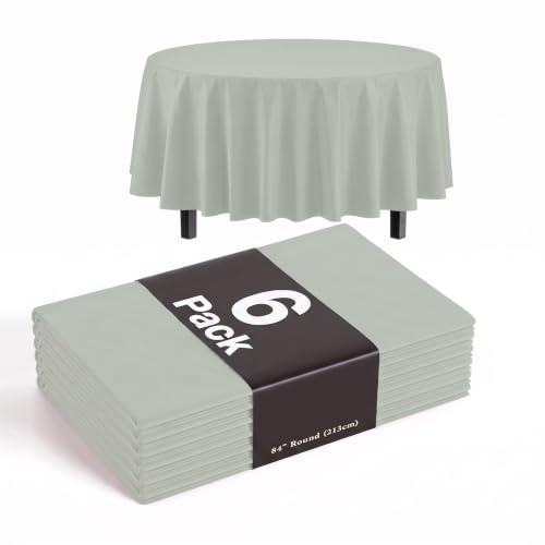 Image of Exquisite Sage Round Plastic Table Cloth Disposable 6 Pack - 84 Inch Round Tablecloth for Tables up to 6 Foot - Waterproof Table Cover for Party Wedding Birthday Graduation BBQ Catering
