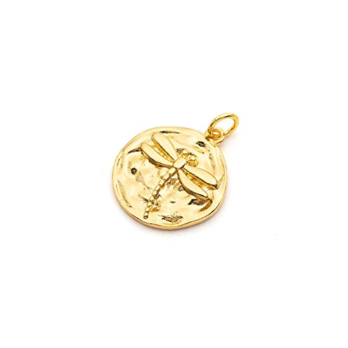 Vintageparts FACHHANDEL FÜR SCHMUCKZUBEHÖR Anhänger Münze mit Libelle aus Messing mit 18k Gold Beschichtung 1 Stück