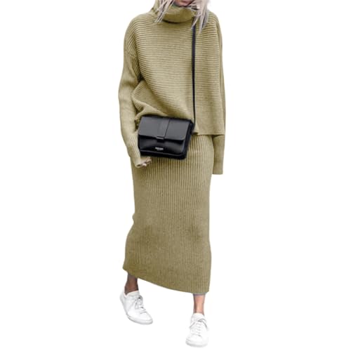 Image of chouyatou Women's Turtleneck 2 Piece Outfits Ribbed Knit Sweater Midi Pencil Skirt Set