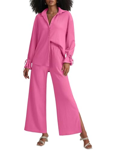 Image of LYANER Women's 2 Piece Outfits Button Down Long Sleeve Shirt and Wide Leg Pants Set