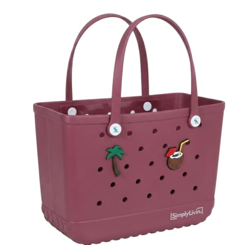 SimplyLivin. Beach Bag | Tote Bag | Waterproof Rubber Bag for Pool Sports Shopping | Washable and Lightweight | Durable & Versatile | Includes Two Charms & Pocket | Red Blush | Medium
