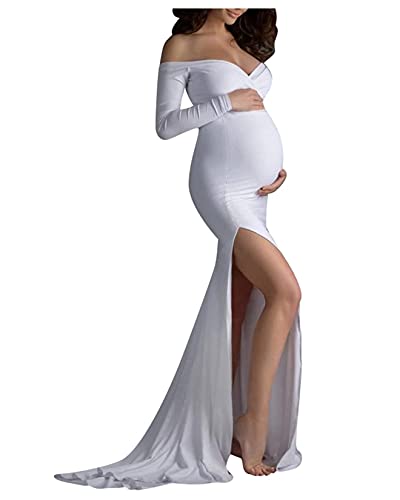 Frauen Baumwolle Mutterschaft Bodycon Maxi Kleid für Foto-Shooting, Off Shoulder High Slit