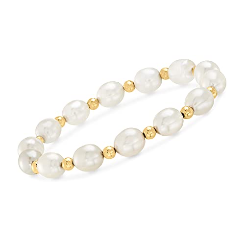 Ross-Simons 8-9mm Cultured Pearl and 14kt Yellow Gold Bead Stretch Bracelet