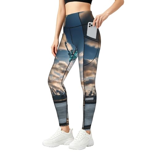 Leggings de la Estatua de la Libertad para mujer con bolsillos laterales para fitness