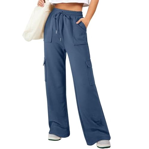 Aleumdr Women's Cargo Sweatpants High Waisted Wide Leg Pants Athletic Casual Baggy Sweat Pants with Pockets XX-Large Sky Blue