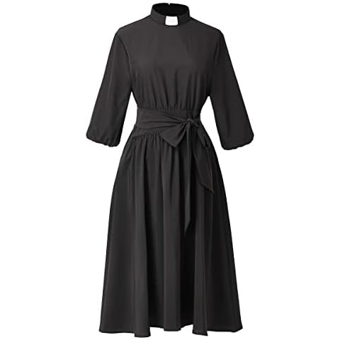 Church Dresses for Women Vintage Audrey Hepburn Style Tab Collar Swing Midi Dress 3/4 Puff Sleeve with Long Belt Black Cover