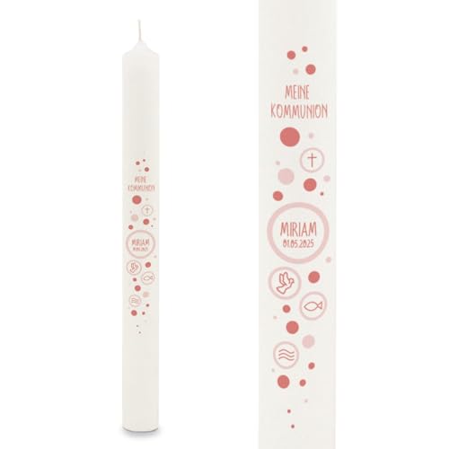 GRAVURZEILE Vela de varilla impresa – Círculos – Personalizado con nombre y fecha – Regalo para bautizo, comunión o confirmación – para niños y niñas – Vela altar 400/40 mm – Color: Rojo