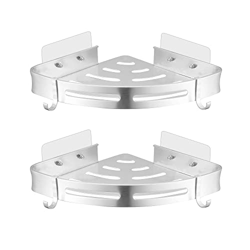 Bathroom Corner Shelf No Drilling Self Adhesive Shower Caddy Basket with 4 Hooks Space Aluminum Storage Rack Rustproof Wall Mounted Shower Organiser for Bathroom Accessories | Silver | 2 Pack