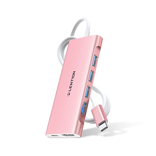 LENTION 3.3FT Long Cable USB C Multiport Hub with 4K HDMI, 4 USB 3.0, Type C Charging Compatible 2023-2016 MacBook Pro, New Mac Air/iMac/Mac Mini, More, Stable Driver Adapter (C35-1M, Rose G