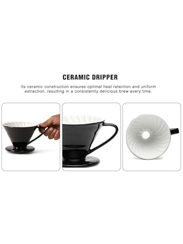 Image of inchTHE BARISTA CUP inch Ceramic V60 Coffee Dripper Cup | Size 02 (3-4 Cups) | Pour Over Drip Coffee Maker | Funnel Cut Use With Conical Filter Papers | Slow Manual Brew | Strong Smooth Flavour (Black)