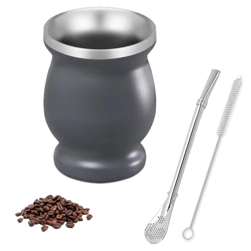 OUTALIZ Juego de Taza de Calabaza de Acero Inoxidable,Taza Mate de Acero Inoxidable con Doble Pared Aislante, 260ml Juego de Té Mate, con Cuchara para Pajita y Cepillo de Limpieza(Gris)