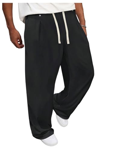 Verdusa Men's Loose Straight Leg Sweatpants Solid Waistband Pants with Pockets